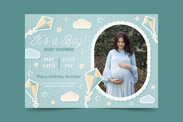 Vector plantilla de invitación de baby shower con foto de mamá embarazada