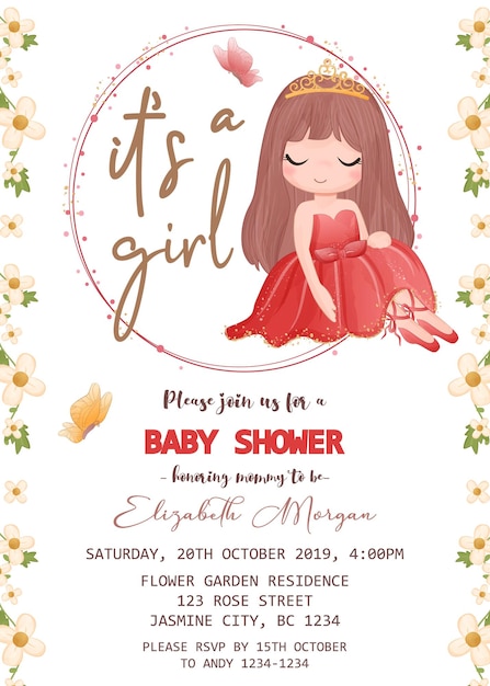 Plantilla de invitación de baby shower con linda chica