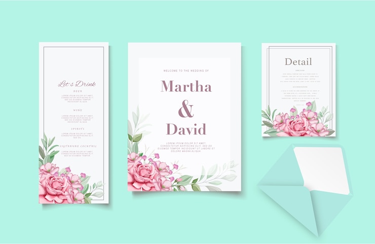 Plantilla de invitación y bebida de boda con hermosas flores y hojas