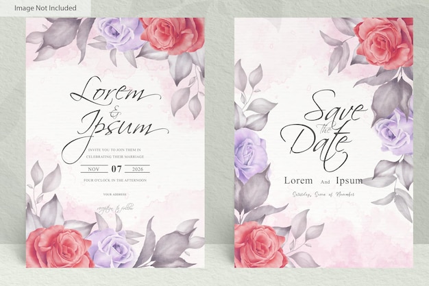 Plantilla de invitación de boda en acuarela con arreglo de flores y hojas