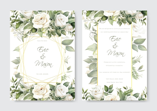 Vector plantilla de invitación de boda en acuarela con decoración floral y de hojas