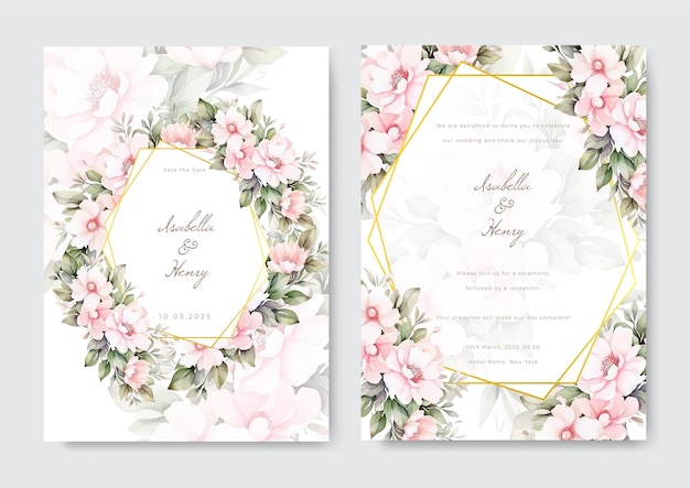 Plantilla de invitación de boda en acuarela con decoración floral y de hojas