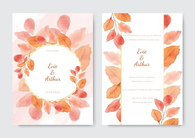 Plantilla de invitación de boda en acuarela con decoración floral y de hojas