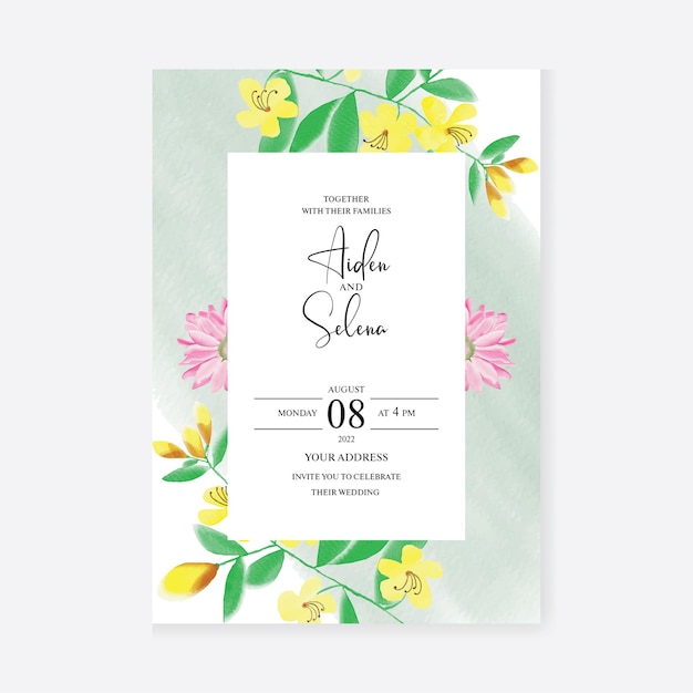 Plantilla de invitación de boda con acuarela floral vector premium