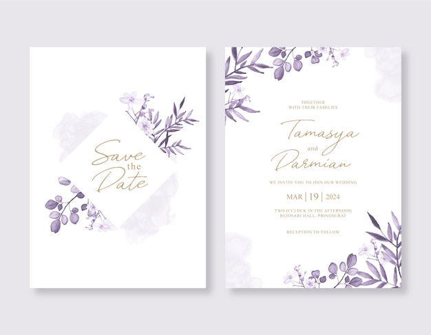 Plantilla de invitación de boda con acuarela floral violeta