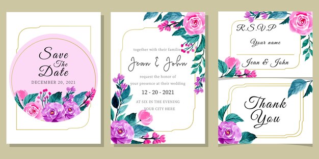 Plantilla de invitación de boda con acuarela floral