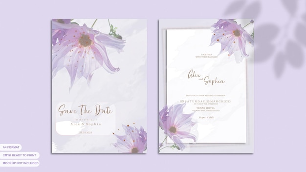 Plantilla de invitación de boda en acuarela con flores moradas