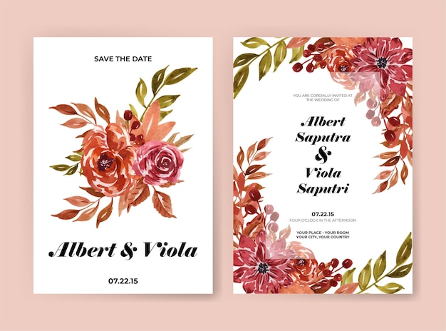 Vector plantilla de invitación de boda con acuarela de follaje de flores de otoño