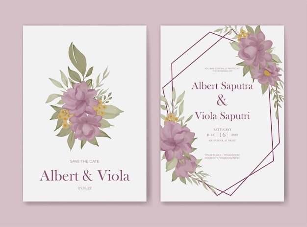 Plantilla de invitación de boda con acuarela rosa púrpura