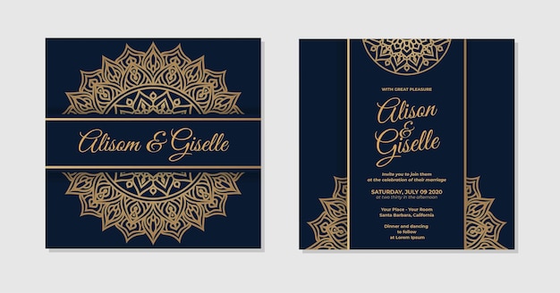 Plantilla de invitación de boda con adorno de diseño de mandala dorado