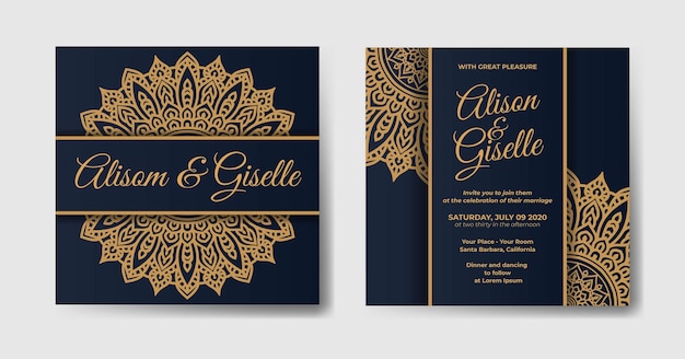 Plantilla de invitación de boda con adorno de diseño de mandala dorado