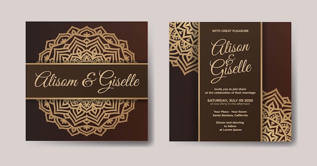 Plantilla de invitación de boda con adorno de mandala de lujo