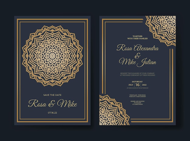 Plantilla de invitación de boda con adorno de mandala de lujo
