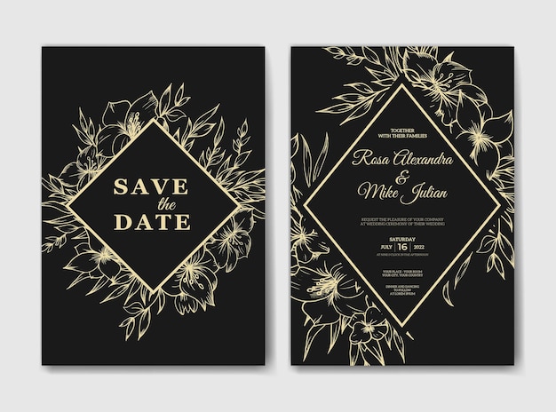 Plantilla de invitación de boda aislada con decoración dibujada a mano de flor de contorno