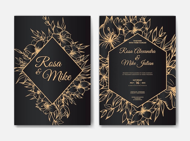 Plantilla de invitación de boda aislada con decoración dibujada a mano de flor de contorno