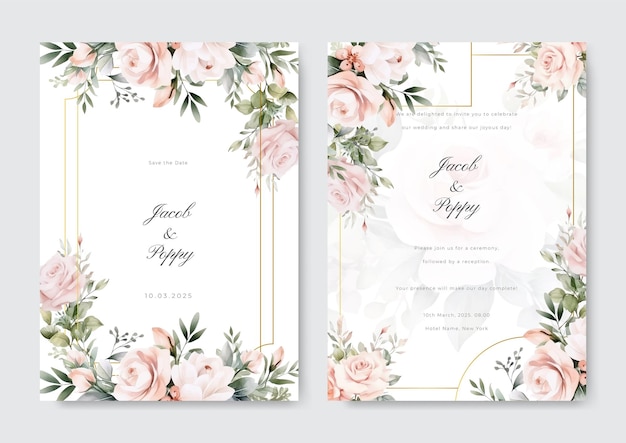 Plantilla de invitación de boda con arreglo de flores y hojas