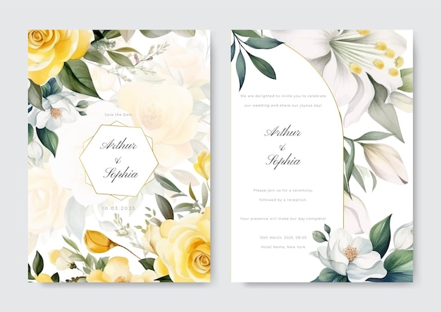 Plantilla de invitación de boda con arreglo de flores y hojas