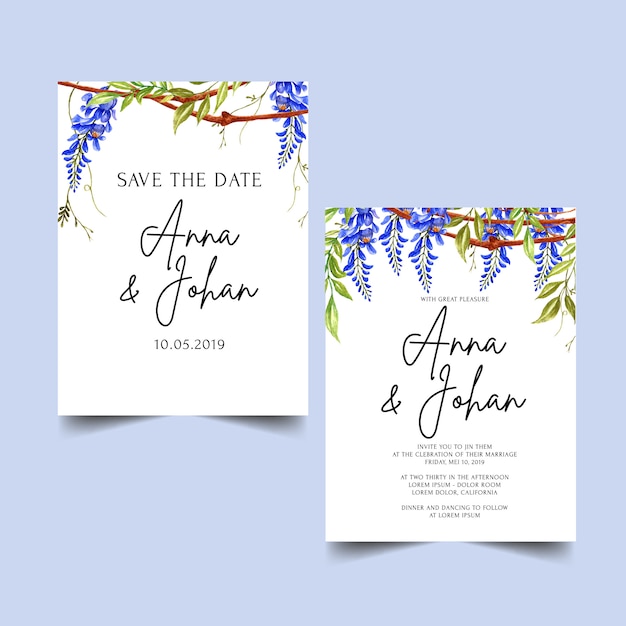 Vector plantilla de invitación de boda azul de flores de glicina