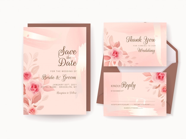 Plantilla de invitación de boda con borde floral romántico y acuarela dorada. composición de rosas y flores de sakura