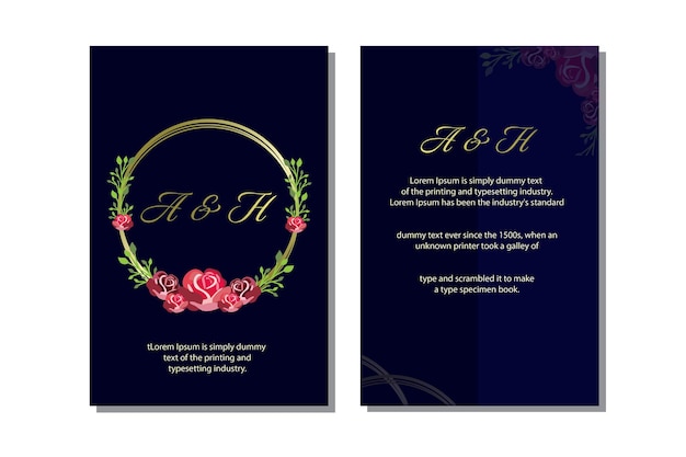 Plantilla de invitación de boda con borde floral romántico y círculo dorado