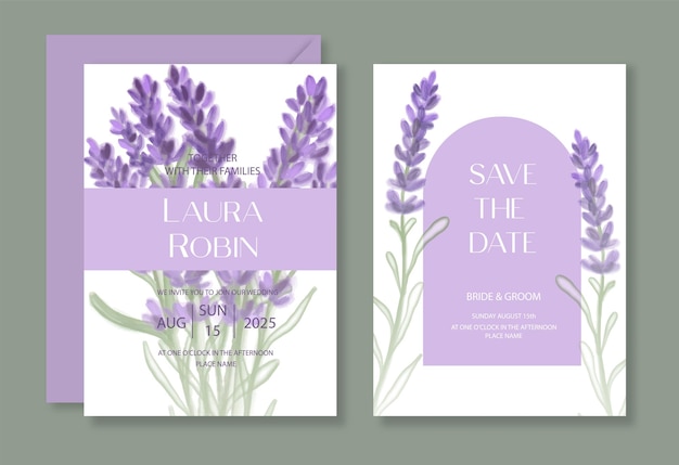 Plantilla de invitación de boda botánica con lavanda acuarela y arco para tarjeta de felicitación de fiesta