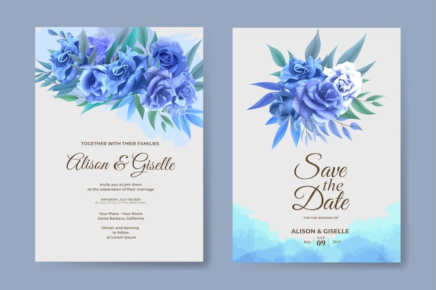 Plantilla de invitación de boda con conjunto de flor rosa azul