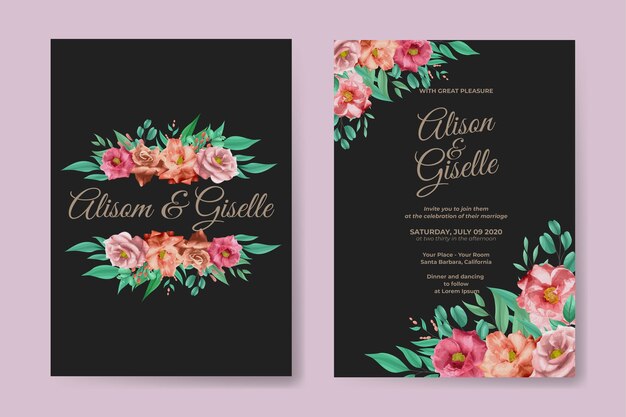 Plantilla de invitación de boda con conjunto de flores de acuarela