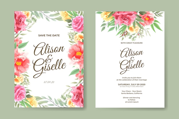 Plantilla de invitación de boda con conjunto de flores de acuarela