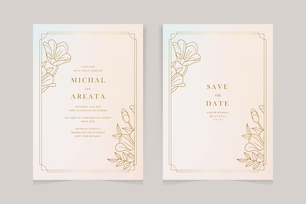 plantilla de invitación de boda con contorno de color dorado decoración de adornos florales
