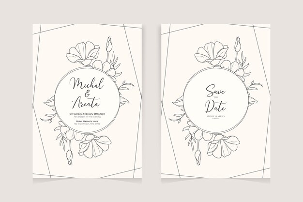 plantilla de invitación de boda con contorno decoración de adornos florales