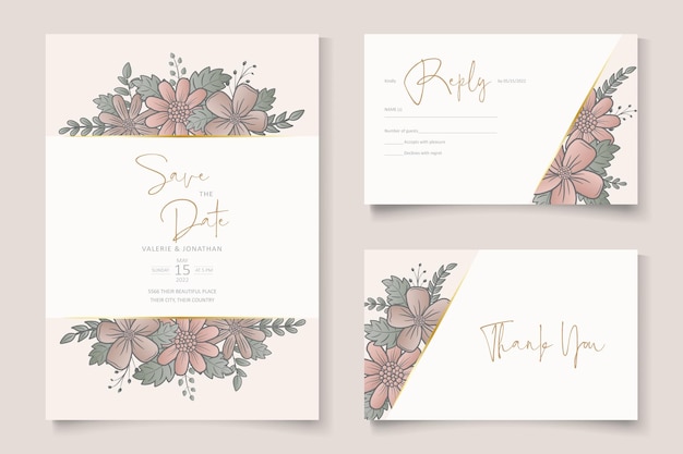 Plantilla de invitación de boda con contorno floral de color degradado