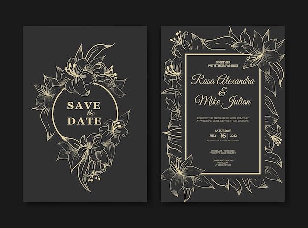 Plantilla de invitación de boda con contorno floral dibujado a mano
