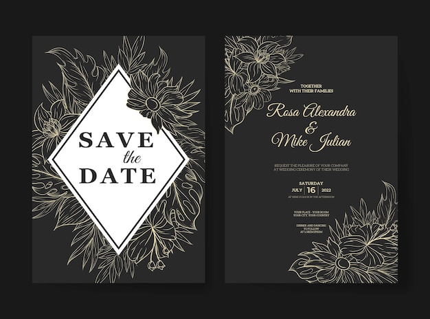 Plantilla de invitación de boda con contorno de flores tropicales monstera