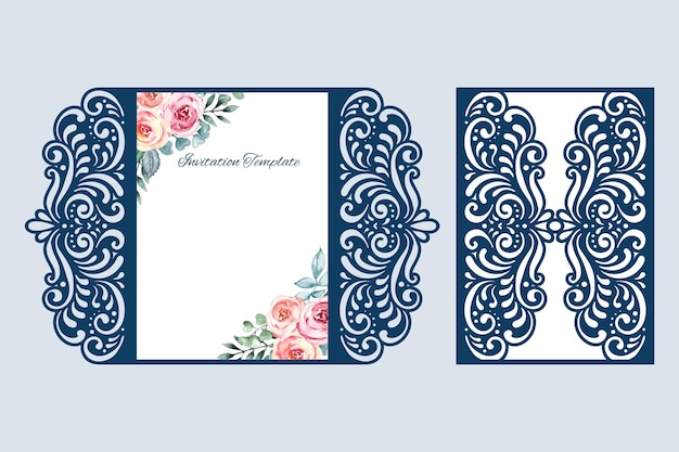 Plantilla de invitación de boda cortada con láser Tarjeta de puerta con vector de patrón de recorte de encaje