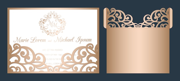 Plantilla de invitación de boda con corte láser. Sobre de bolsillo calado de boda con adorno de corte abstracto.