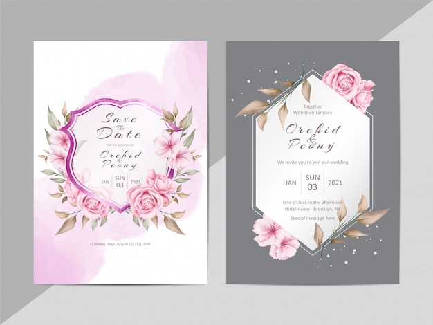 Plantilla de invitación de boda creativa con acuarela floral y cresta