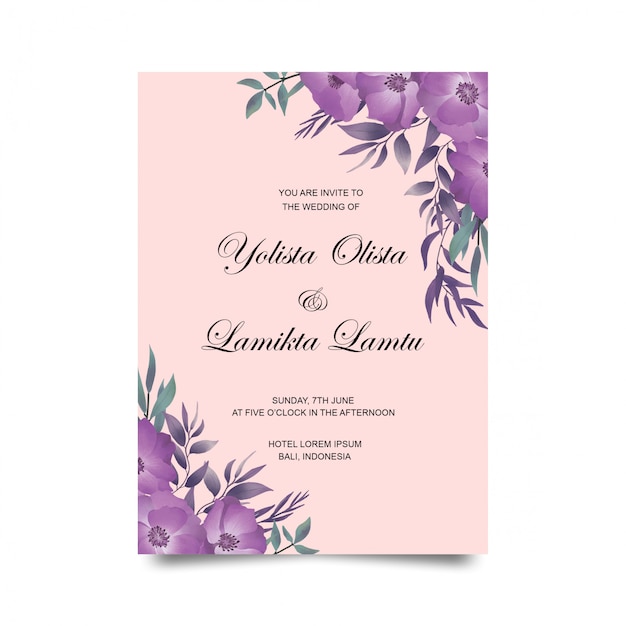 Plantilla de invitación de boda con decoración de acuarela en púrpura