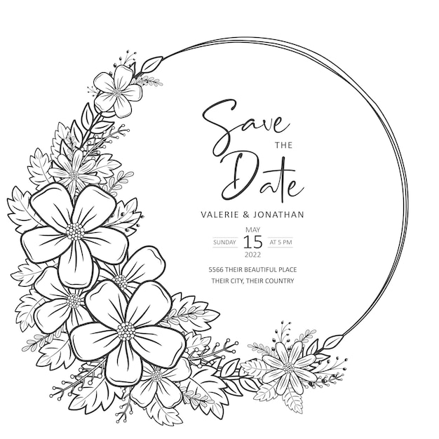 Plantilla de invitación de boda con decoración de contorno floral