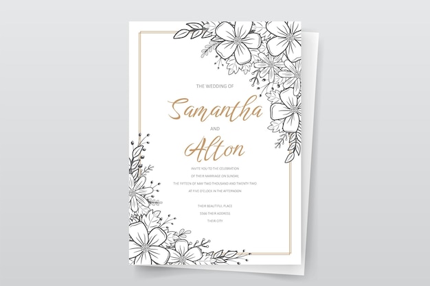 Vector plantilla de invitación de boda con decoración de contorno floral