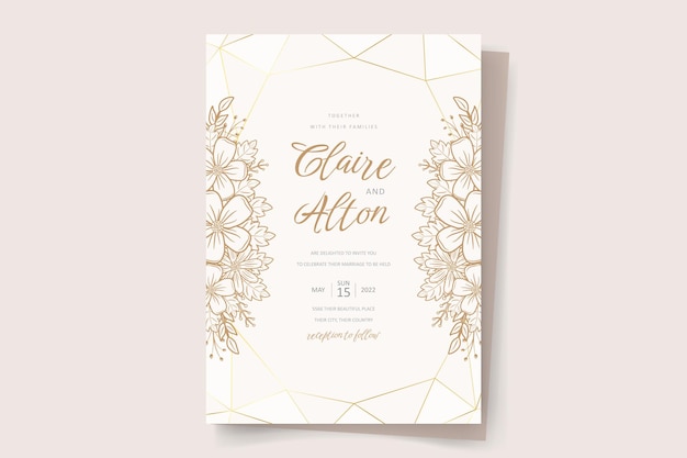 Plantilla de invitación de boda con decoración de contorno floral