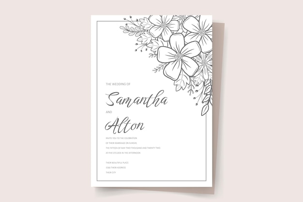 Plantilla de invitación de boda con decoración de contorno floral