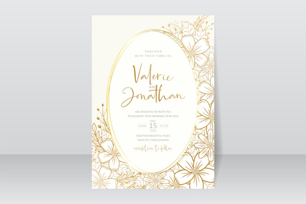 Plantilla de invitación de boda con decoración de contorno floral