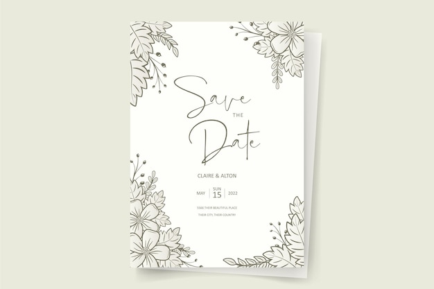 Plantilla de invitación de boda con decoración de contorno floral