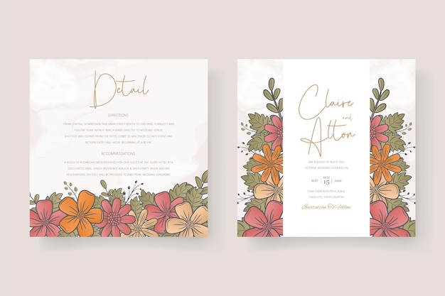 Plantilla de invitación de boda con decoración de contorno floral