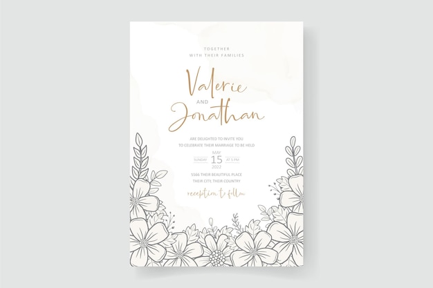 Plantilla de invitación de boda con decoración de contorno floral