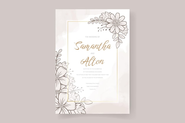 Plantilla de invitación de boda con decoración de contorno floral