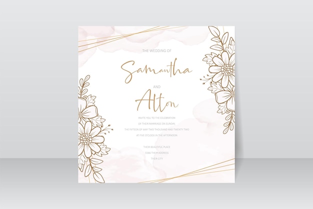 Plantilla de invitación de boda con decoración de contorno floral