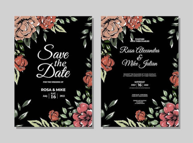 Plantilla de invitación de boda con decoración de flor rosa aislada