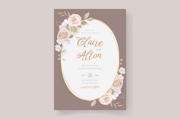 Plantilla de invitación de boda con decoración floral y hojas.