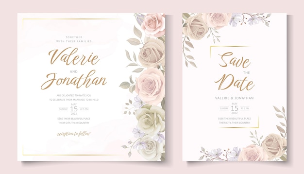 Plantilla de invitación de boda con decoración floral y hojas.